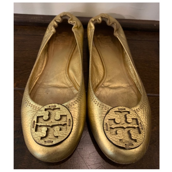 Tory Burch Shoes Minnie Travel Ballet Flats Size 8M Gold Leather - Picture 1 of 4